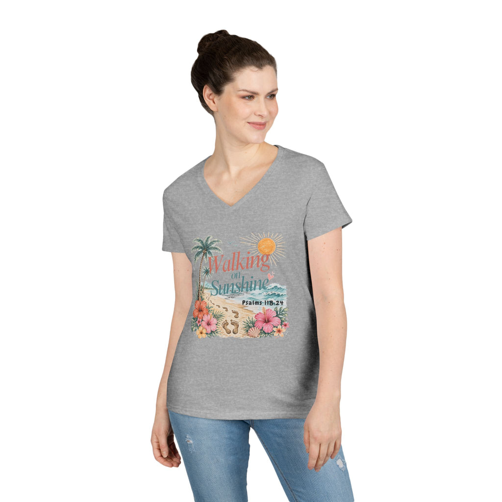 Walking on Sunshine V-Neck T-Shirt — Floral Beach Christian Psalm Tee