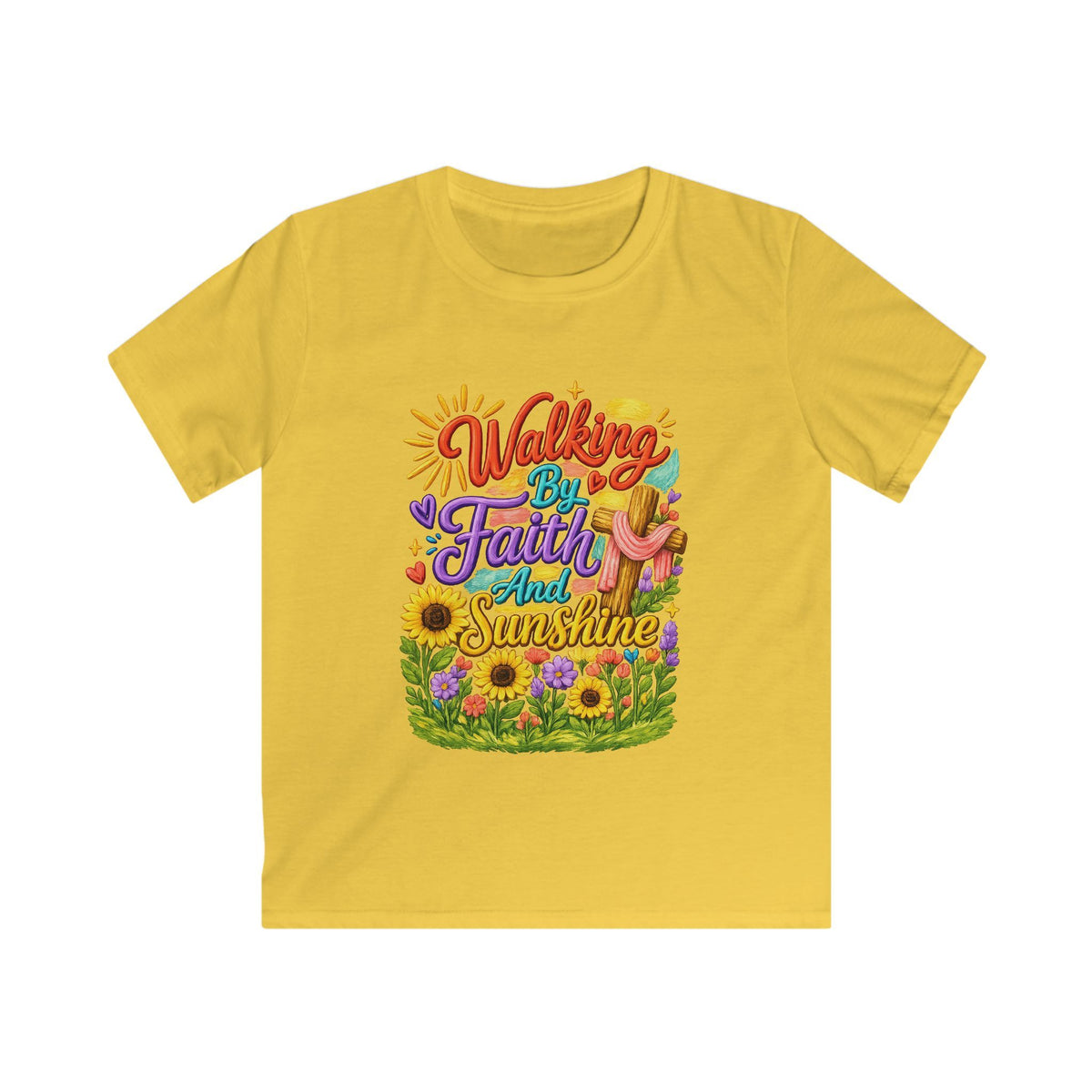 Kids T‑Shirt – "Walking by Faith and Sunshine" Colorful Floral Tee