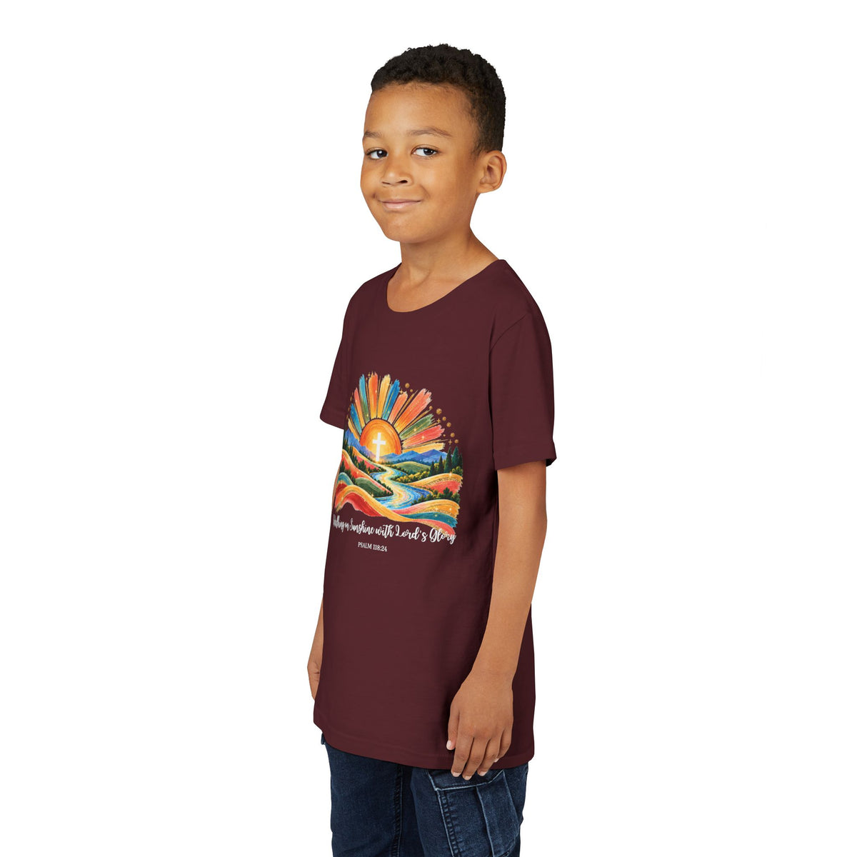 Youth Short Sleeve Tee – Walking On Sunshine with Lords Colorful Christian Sunrise Faith Shirt