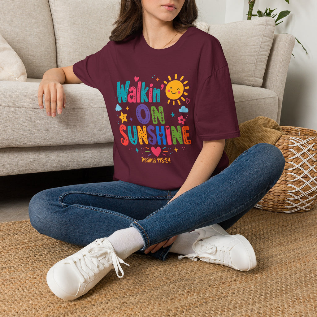 T-Shirt — "Walkin' on Sunshine" Bright Retro Sun Graphic Tee ‭‭Psalms‬ ‭118‬:‭24‬ ‭