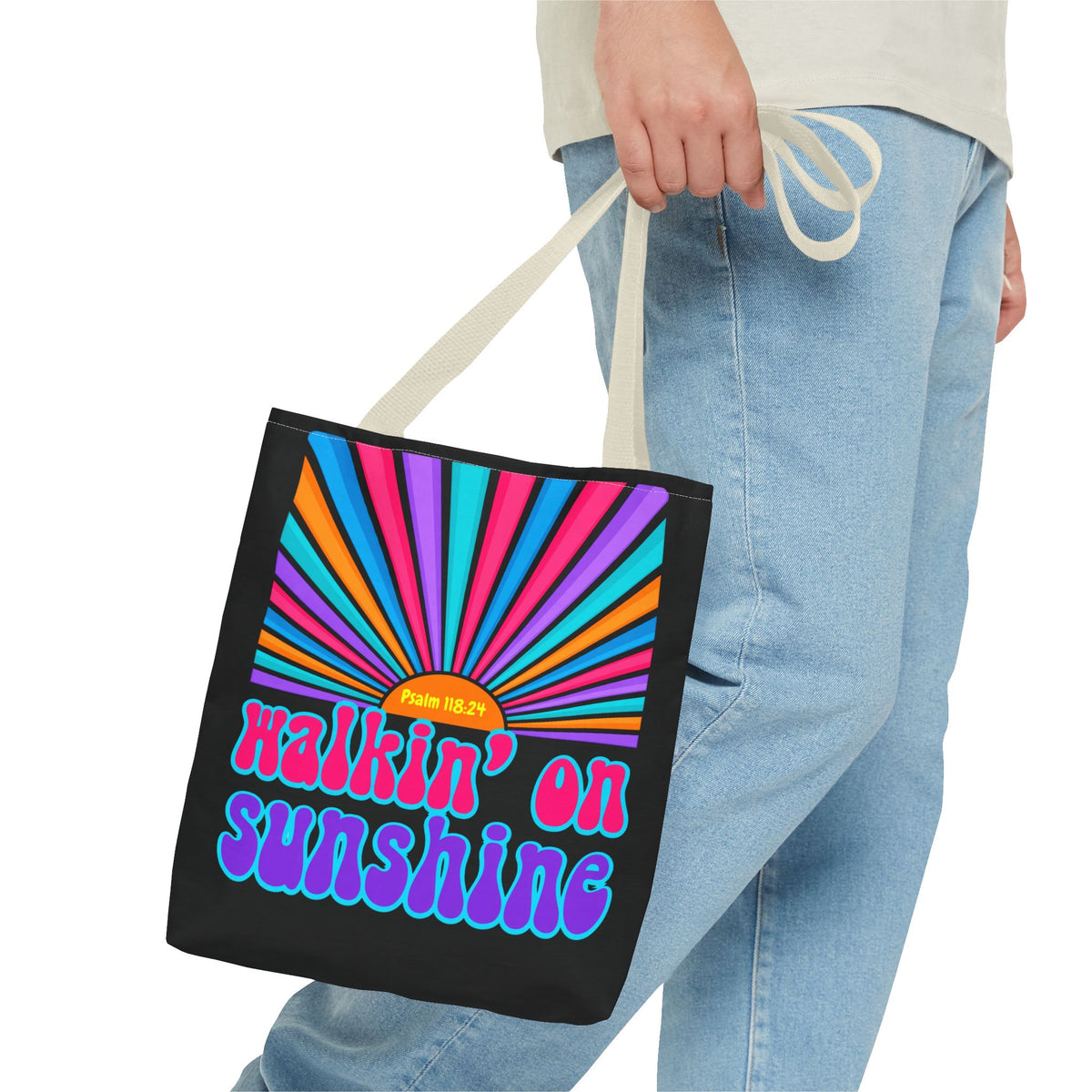 Lords Glory Sunrise Graphic Tote Bag — “Walkin' on Sunshine” Retro Psalm 118:24 Cotton AOP