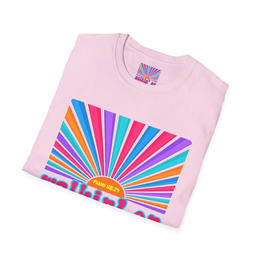 Walkin' On Sunshine Lords Glory with Lori Psalm 118:24 Retro T-Shirt — 70s Rainbow Sun Graphic Tee