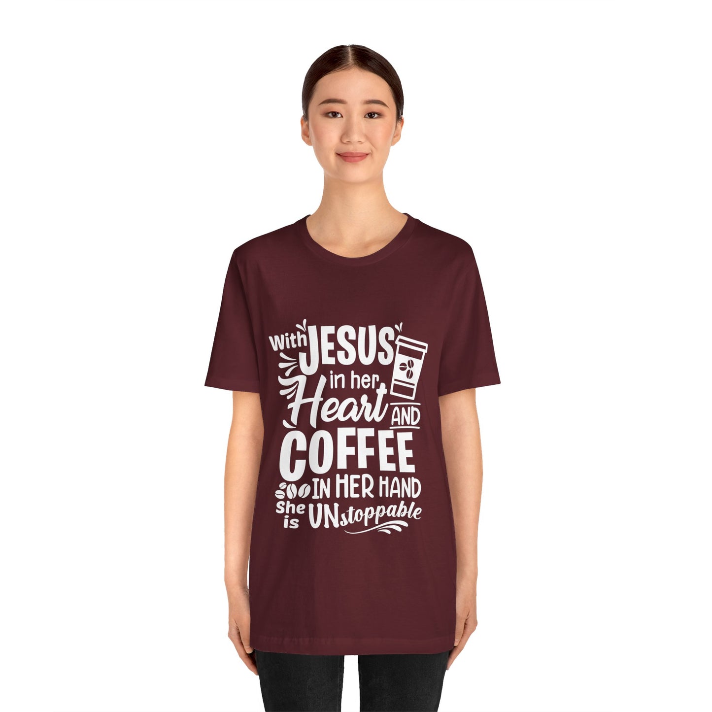 JESUS in Her Heart and Coffee - Woman's Jersey Short Sleeve Tee