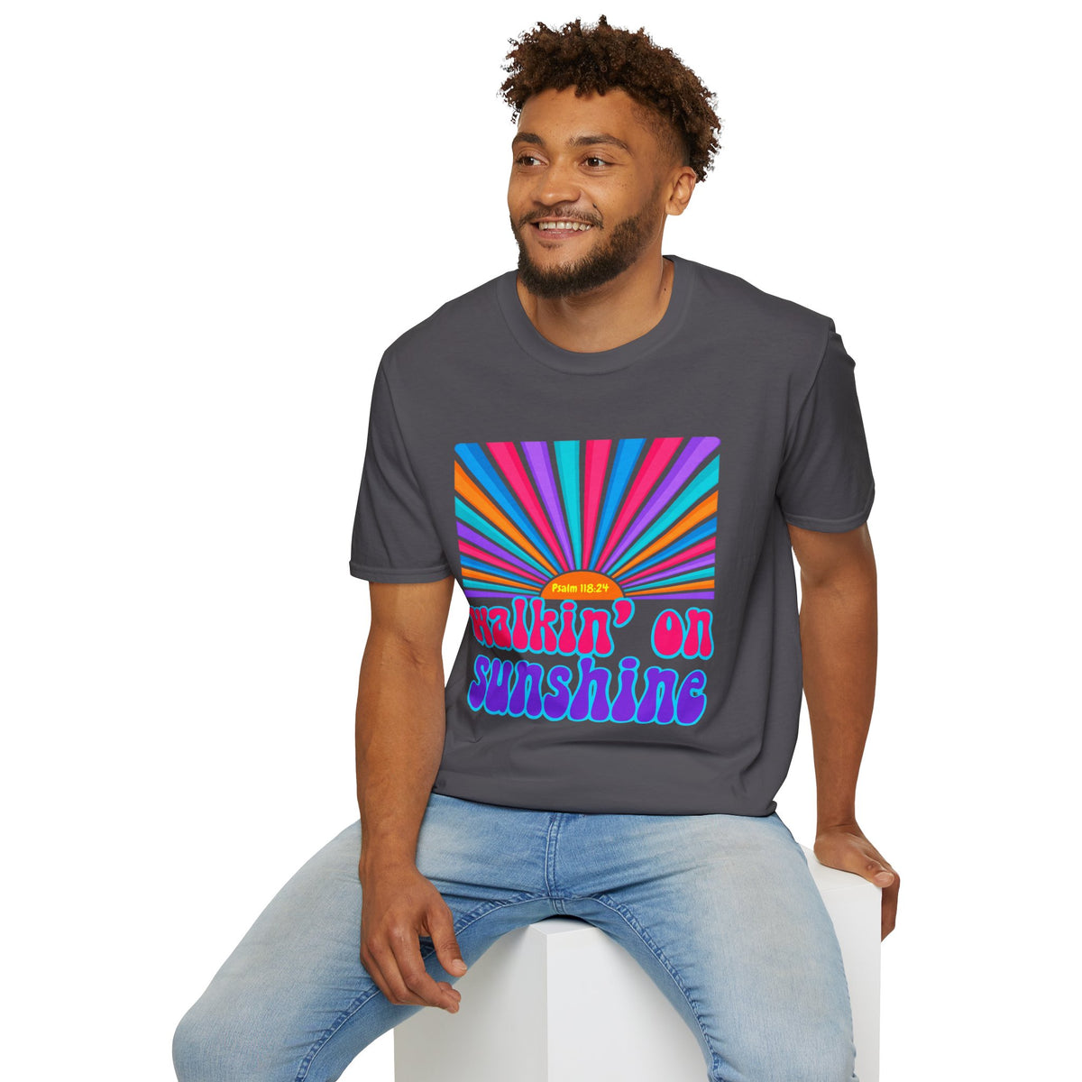 Walkin' On Sunshine Lords Glory with Lori Psalm 118:24 Retro T-Shirt — 70s Rainbow Sun Graphic Tee