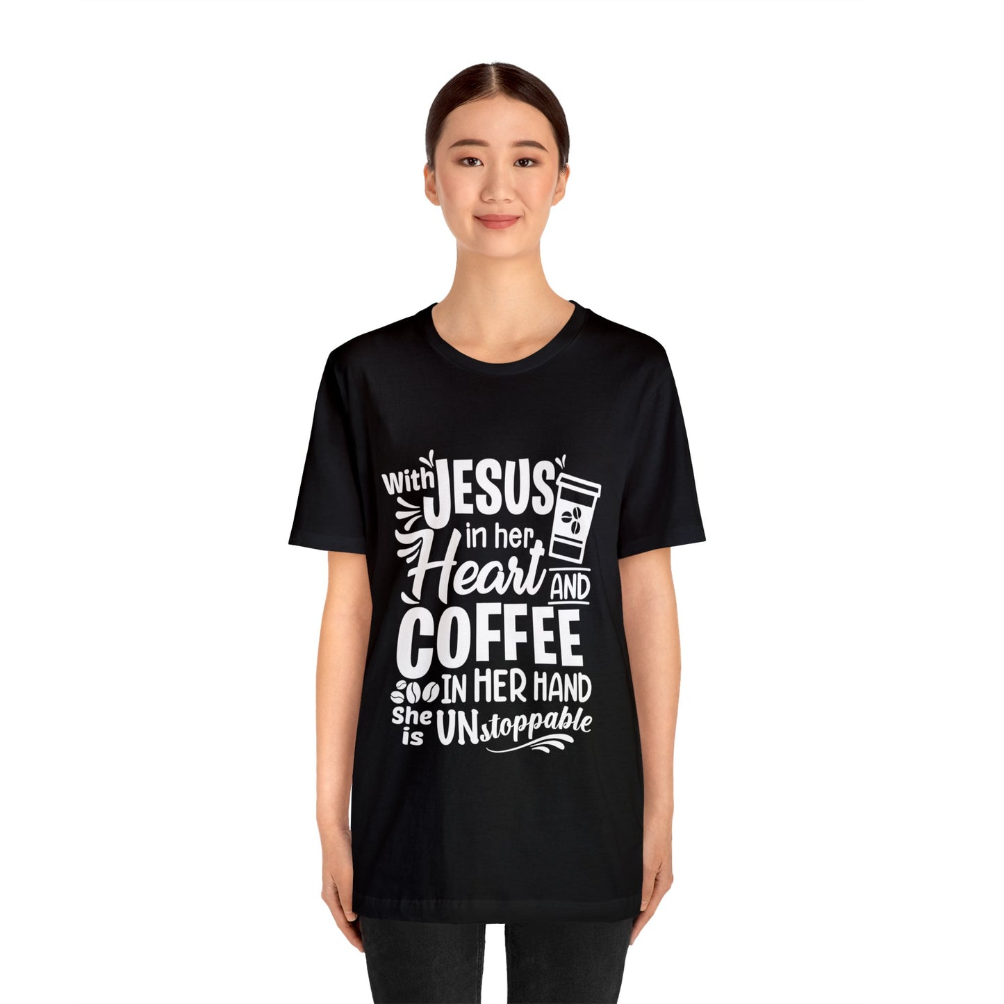 JESUS in Her Heart and Coffee - Woman's Jersey Short Sleeve Tee