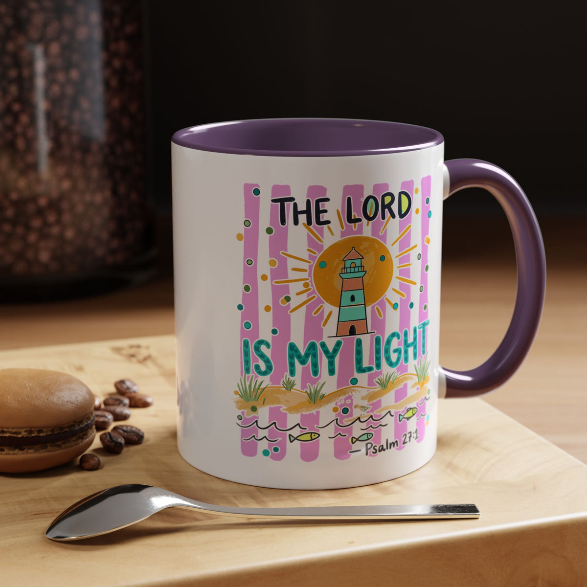 Christian Coffee Mug - "The Lord Is My Light" Lighthouse Psalm 27:1 Accent Mug