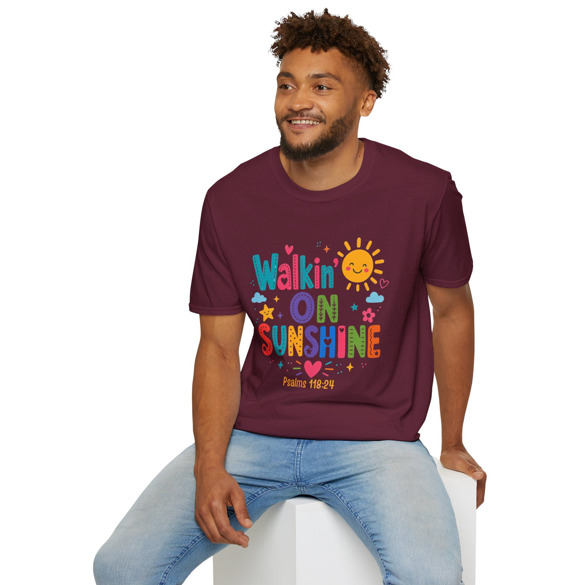 T-Shirt — "Walkin' on Sunshine" Bright Retro Sun Graphic Tee ‭‭Psalms‬ ‭118‬:‭24‬ ‭