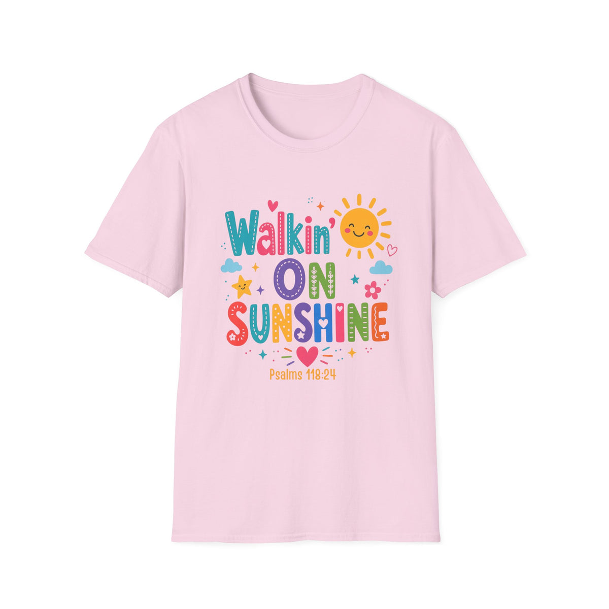 T-Shirt — "Walkin' on Sunshine" Bright Retro Sun Graphic Tee ‭‭Psalms‬ ‭118‬:‭24‬ ‭