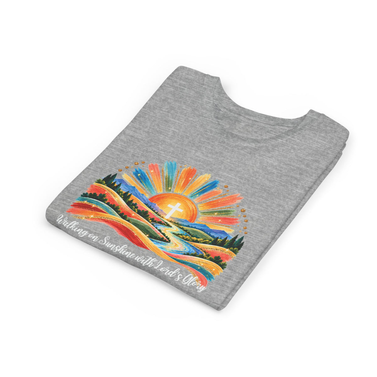 Youth Short Sleeve Tee – Walking On Sunshine with Lords Colorful Christian Sunrise Faith Shirt