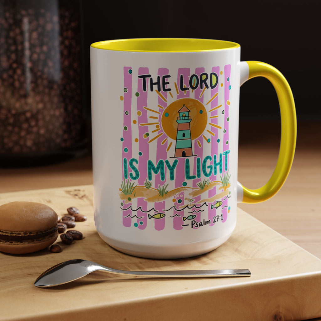 Christian Coffee Mug - "The Lord Is My Light" Lighthouse Psalm 27:1 Accent Mug