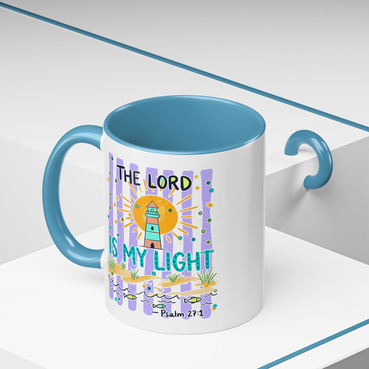 Accent Coffee Mug — “The Lord Is My Light” Lighthouse Bible Verse (Psalm 27:1)