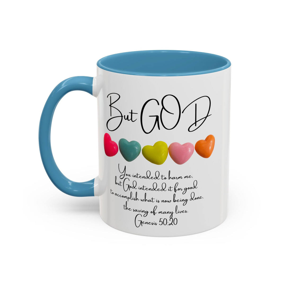 But God Scripture Coffee Mug — Genesis 50:20 Inspirational Heart Accent Mug (11/15oz)