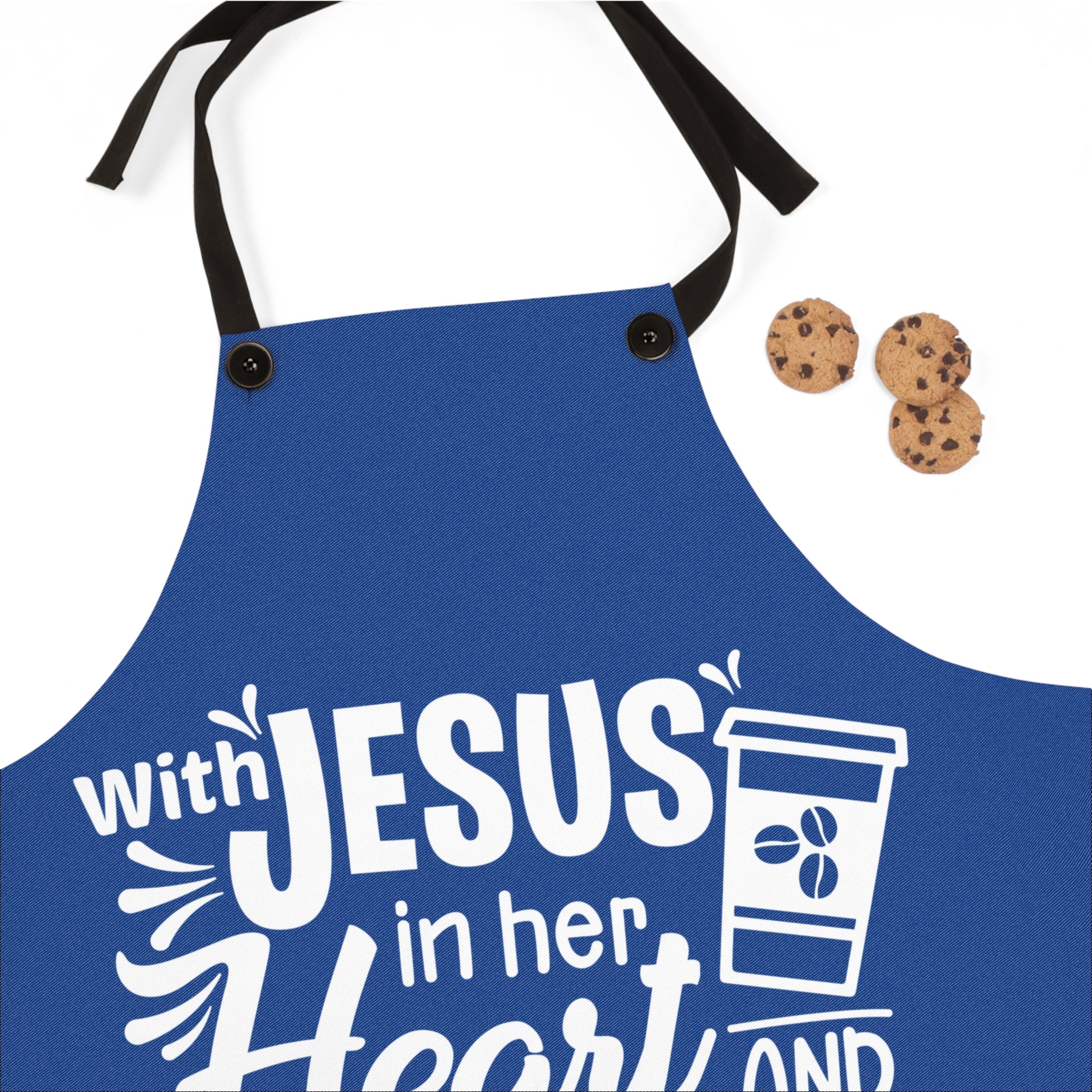 Christian Apron,  Cooking Cover, Kitchen Pinafore, Faithful BBQ Smock, Blue Jesus Coffee Chef Apron