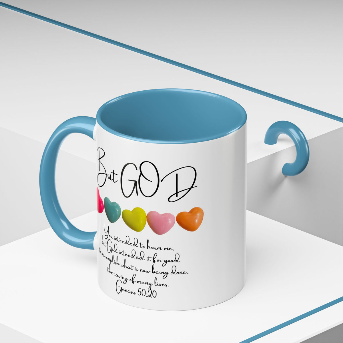 But God Scripture Coffee Mug — Genesis 50:20 Inspirational Heart Accent Mug (11/15oz)
