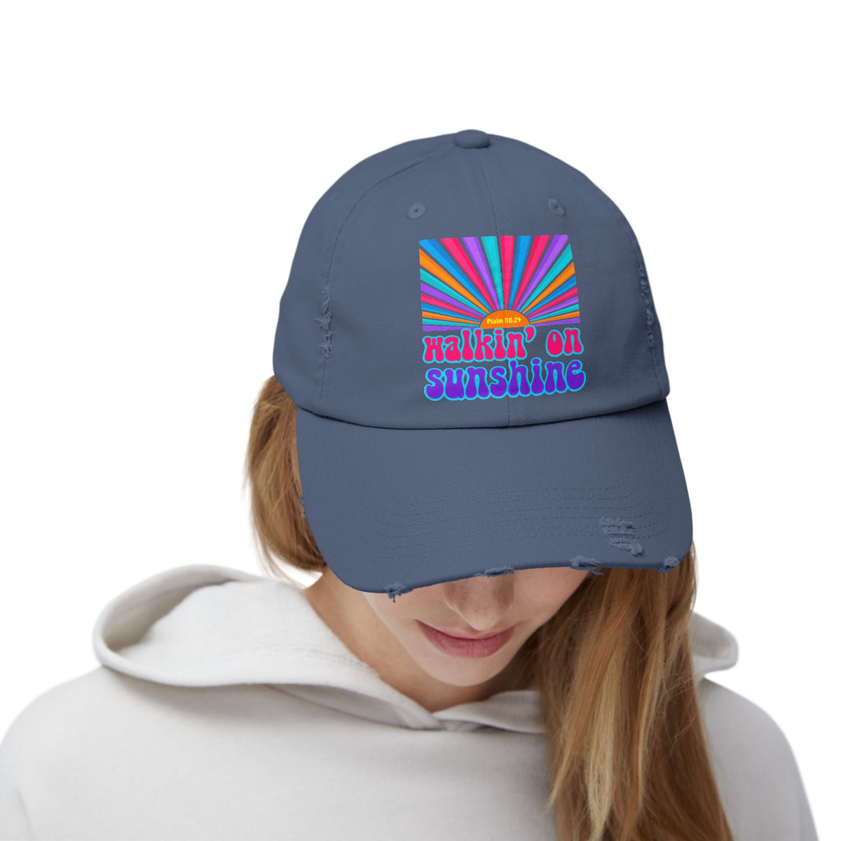 Walking On Sunshine Distressed Cap — Lords Glory with Lori Retro Rainbow Sun Trucker Hat