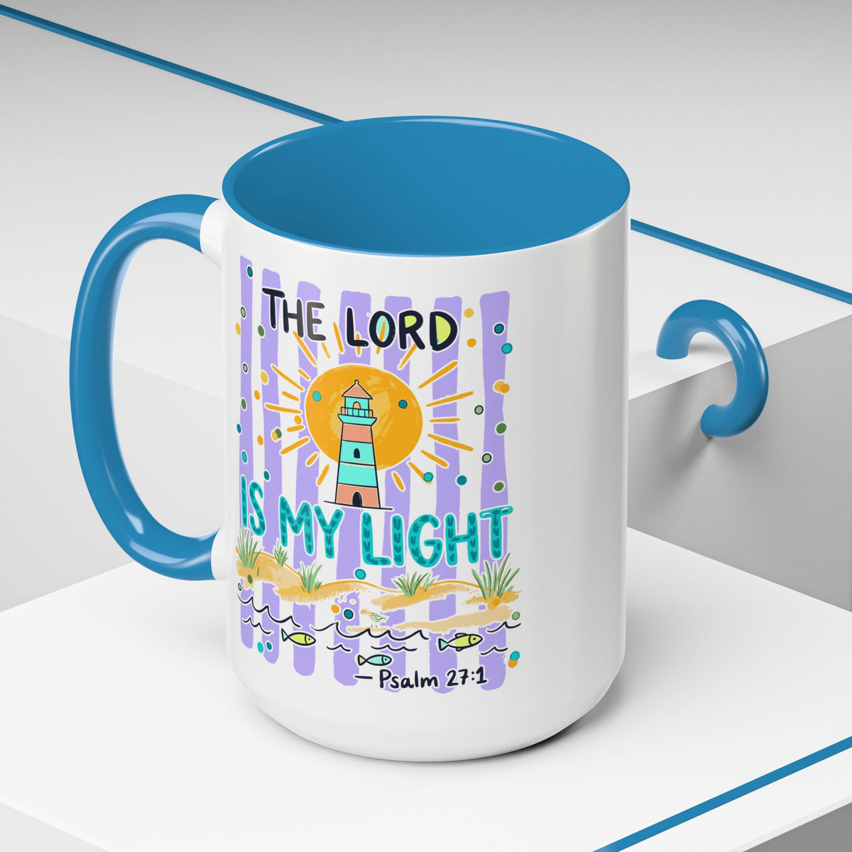 Accent Coffee Mug — “The Lord Is My Light” Lighthouse Bible Verse (Psalm 27:1)