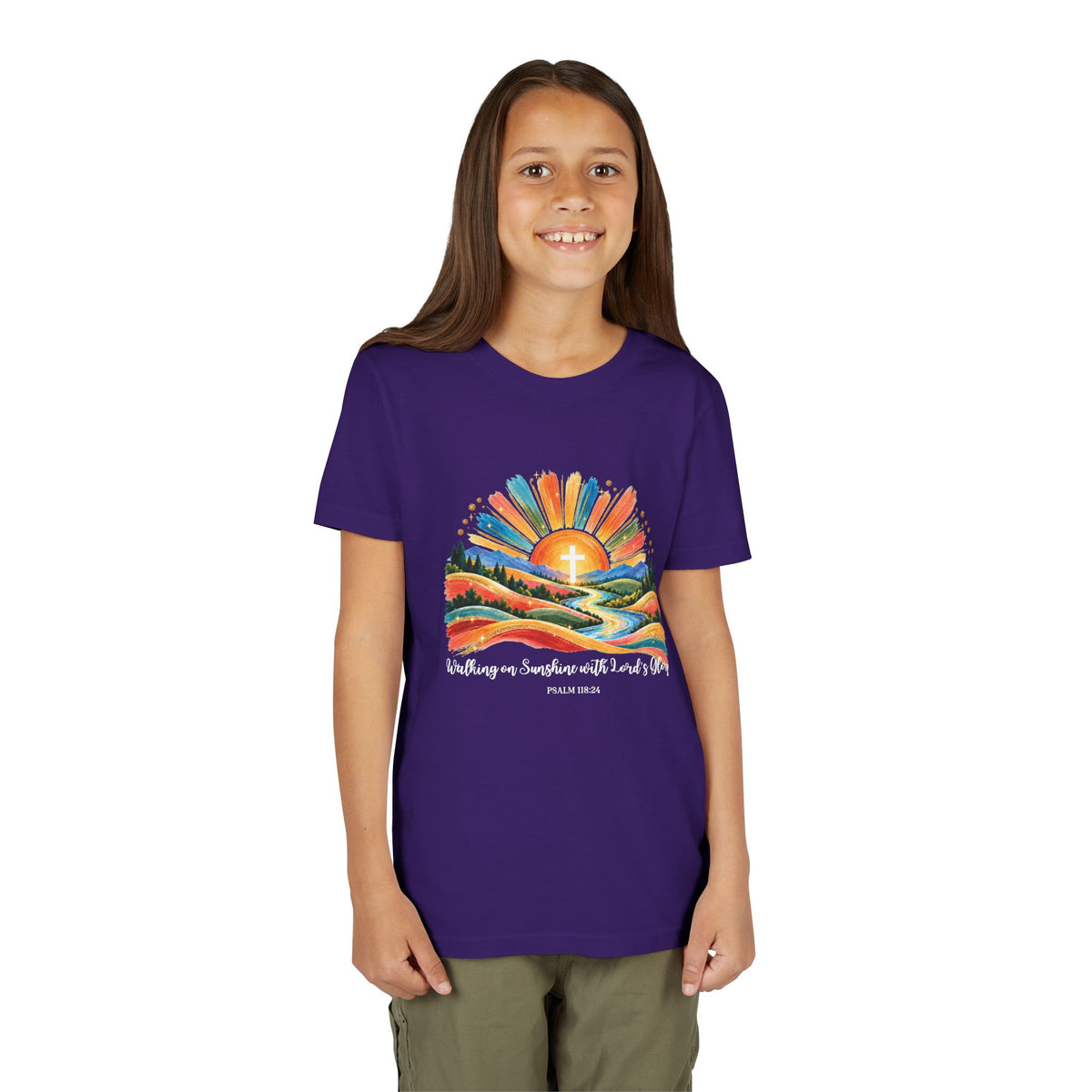 Youth Short Sleeve Tee – Walking On Sunshine with Lords Colorful Christian Sunrise Faith Shirt