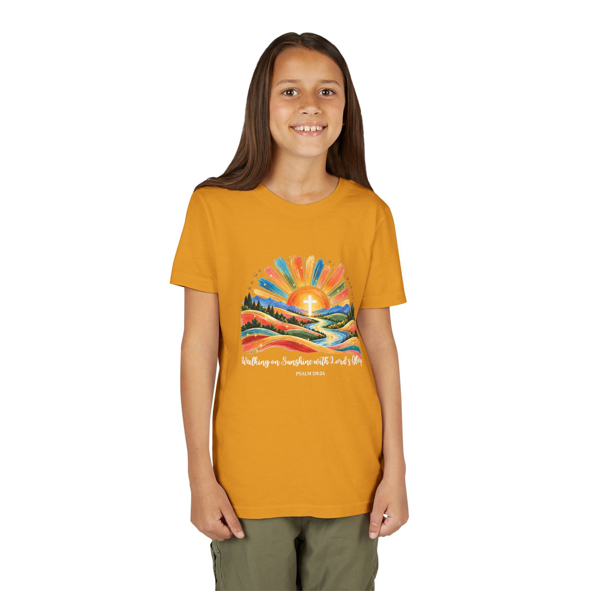 Youth Short Sleeve Tee – Walking On Sunshine with Lords Colorful Christian Sunrise Faith Shirt