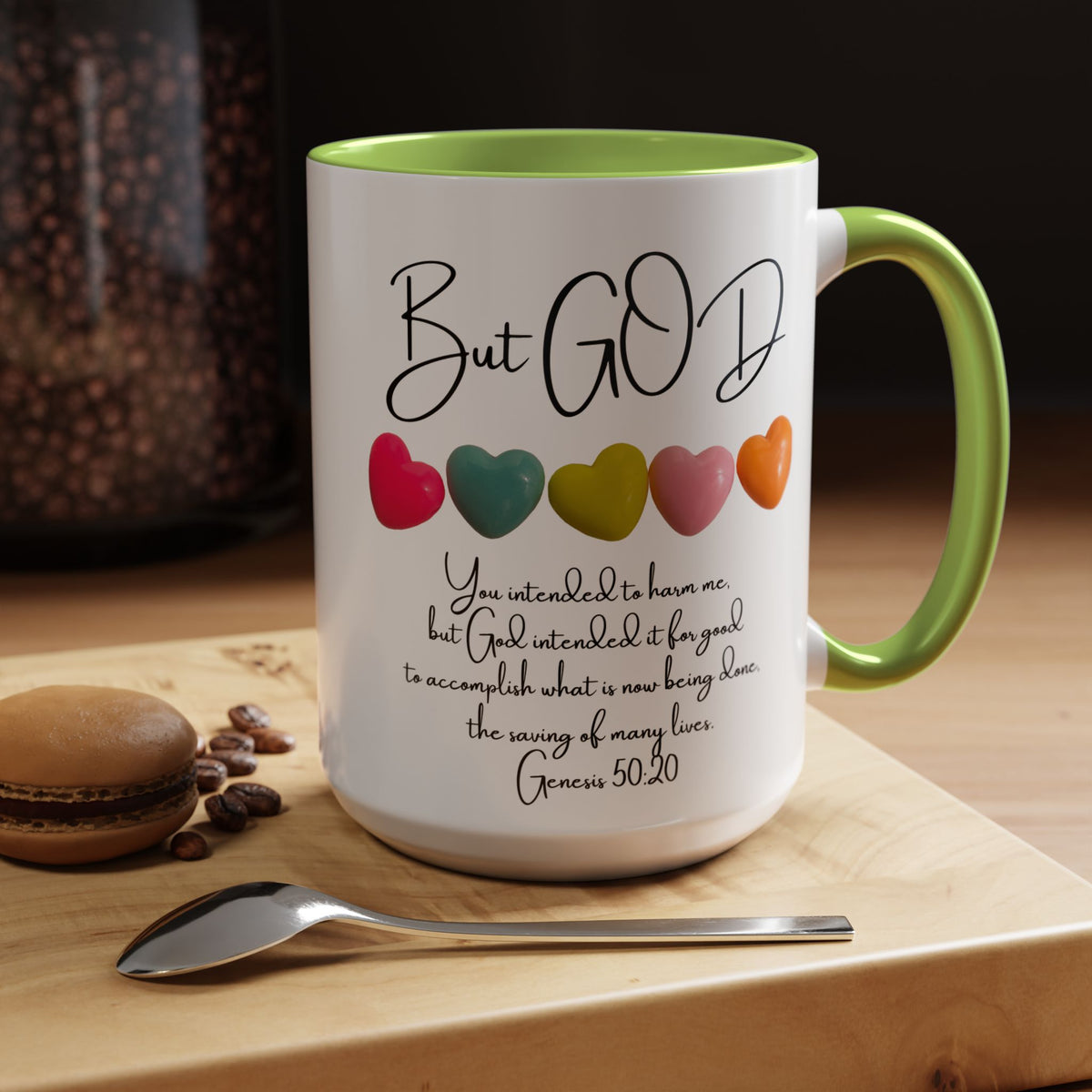But God Scripture Coffee Mug — Genesis 50:20 Inspirational Heart Accent Mug (11/15oz)