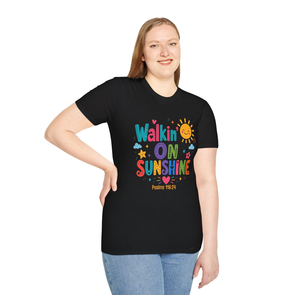 T-Shirt — "Walkin' on Sunshine" Bright Retro Sun Graphic Tee ‭‭Psalms‬ ‭118‬:‭24‬ ‭