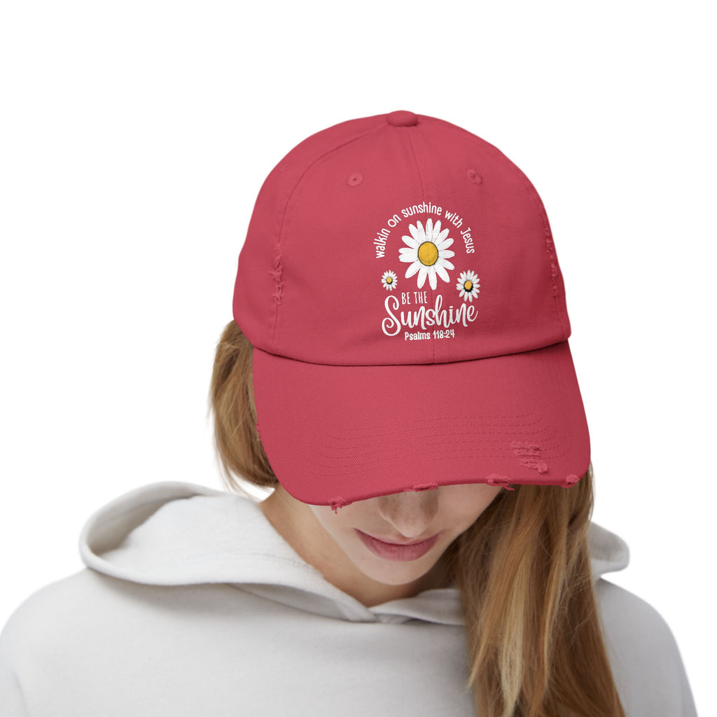 Walking on Sunshine Distressed Daisy Cap — "Be the Sunshine"  Mom and Dad Hat Psalms‬ ‭118‬:‭24