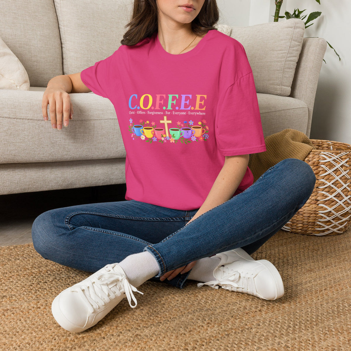 Coffee Lover Floral Graphic - C.o.f.f.e.e. (Christ - Offers - Forgiveness - For Everyone - Everywhere)  Softstyle T-Shirt