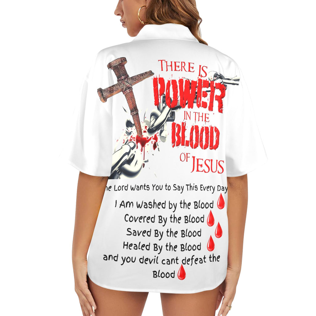 There is Power in the Blood of Jesus Women's All Over Print Hawaiian Shirt （Made in USA Ships to USA Only）