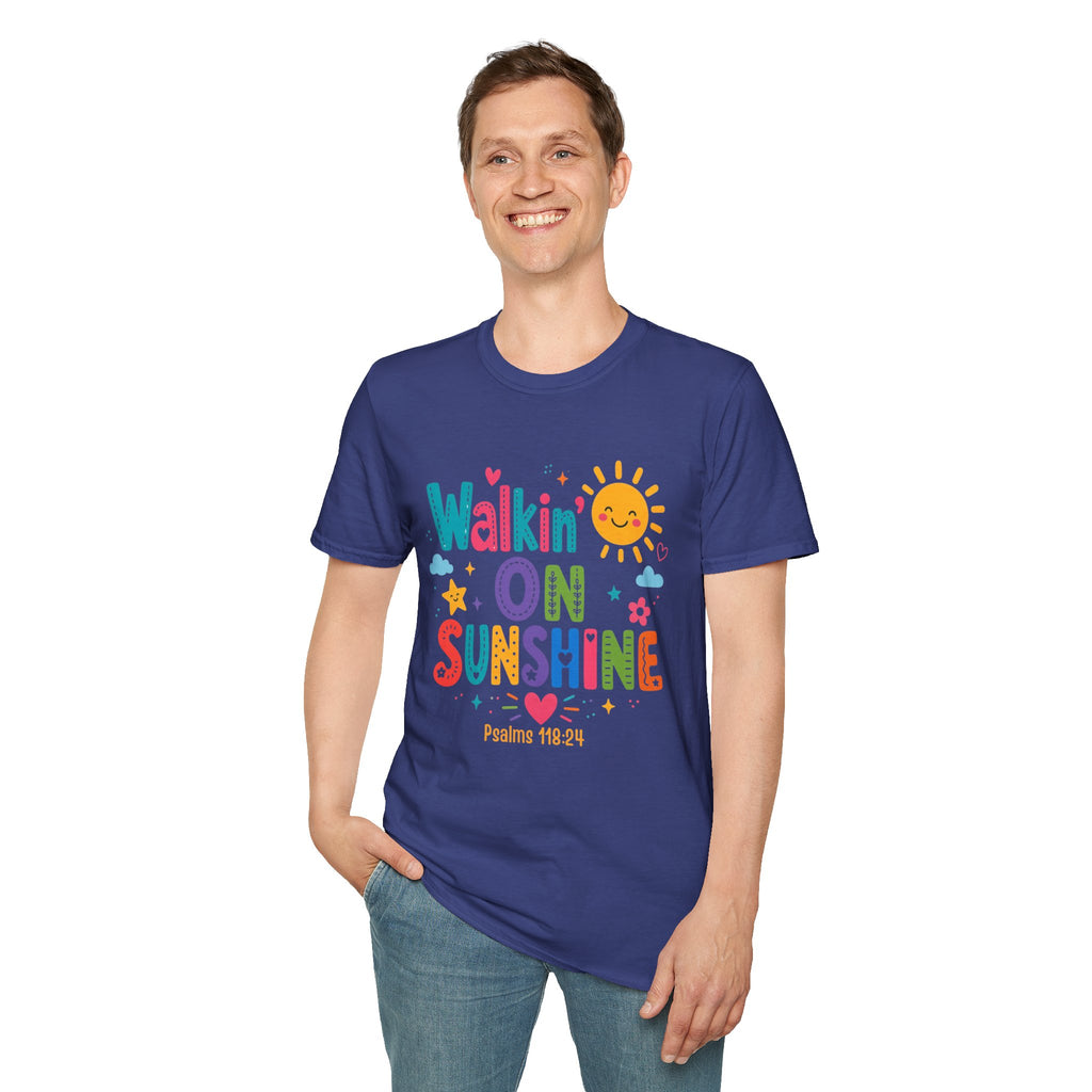 T-Shirt — "Walkin' on Sunshine" Bright Retro Sun Graphic Tee ‭‭Psalms‬ ‭118‬:‭24‬ ‭