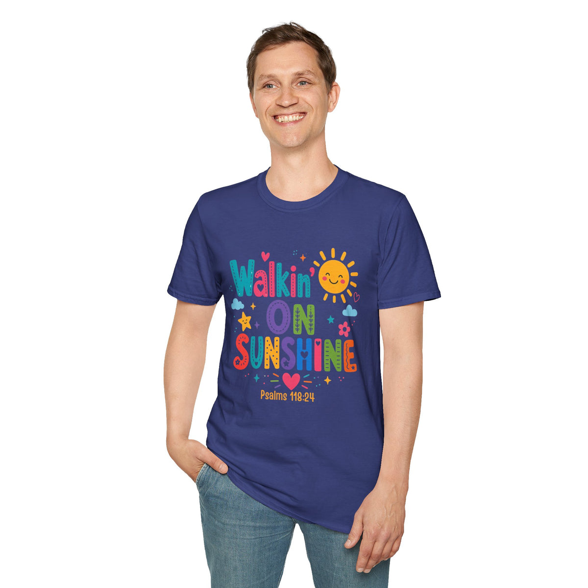 T-Shirt — "Walkin' on Sunshine" Bright Retro Sun Graphic Tee ‭‭Psalms‬ ‭118‬:‭24‬ ‭