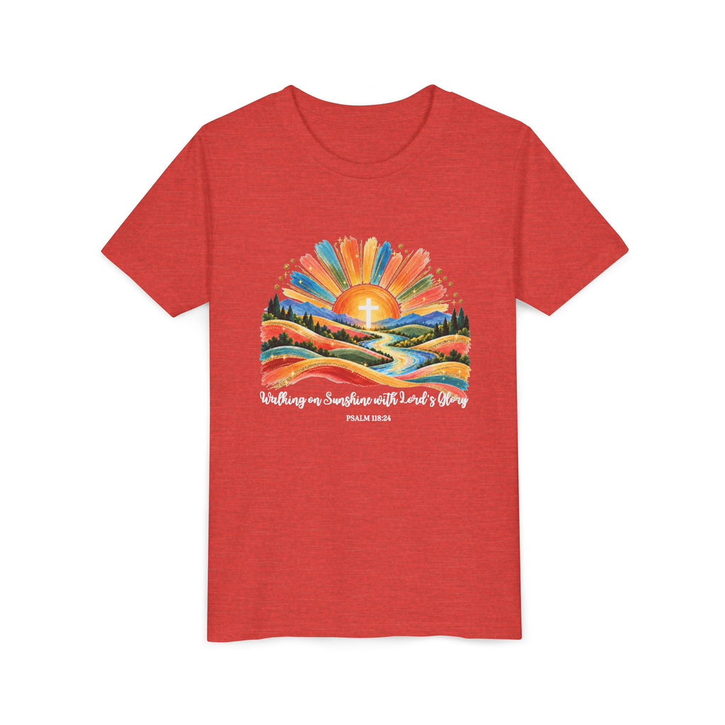 Youth Short Sleeve Tee – Walking On Sunshine with Lords Colorful Christian Sunrise Faith Shirt