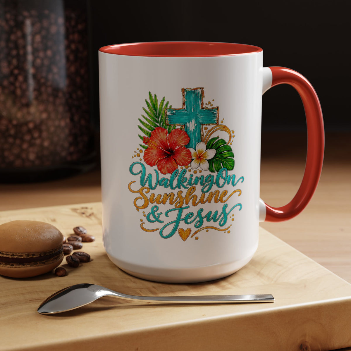 Walking on Sunshine & Jesus Coffee Mug – Floral Cross Accent Mug