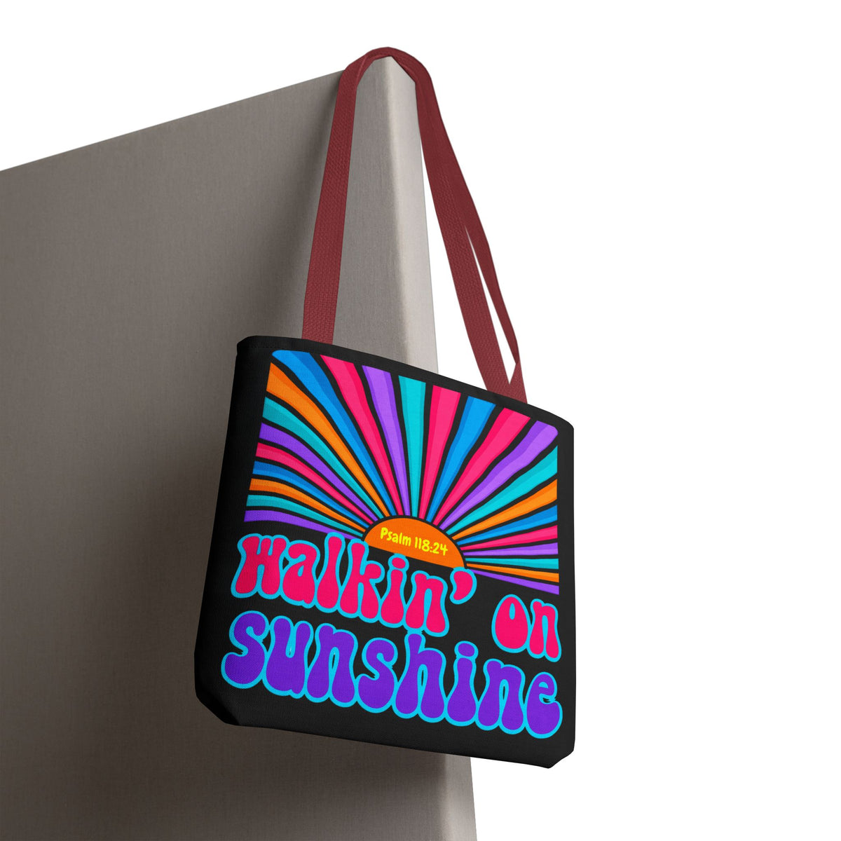 Lords Glory Sunrise Graphic Tote Bag — “Walkin' on Sunshine” Retro Psalm 118:24 Cotton AOP