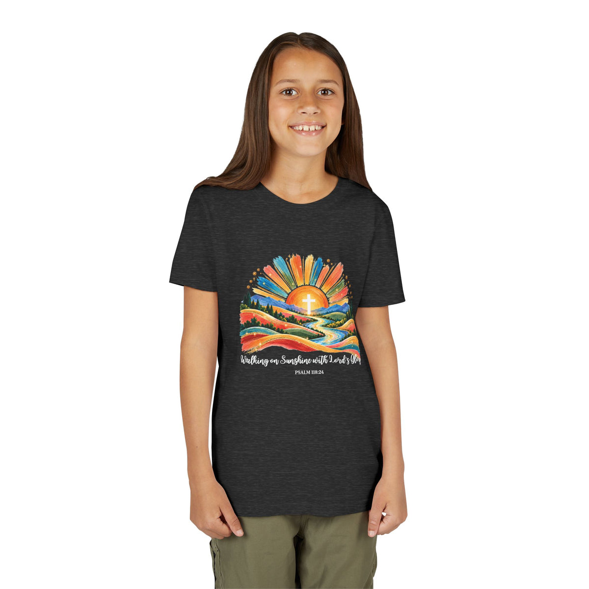 Youth Short Sleeve Tee – Walking On Sunshine with Lords Colorful Christian Sunrise Faith Shirt