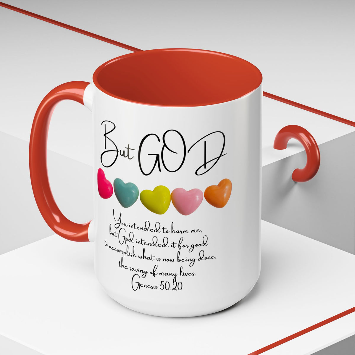 But God Scripture Coffee Mug — Genesis 50:20 Inspirational Heart Accent Mug (11/15oz)