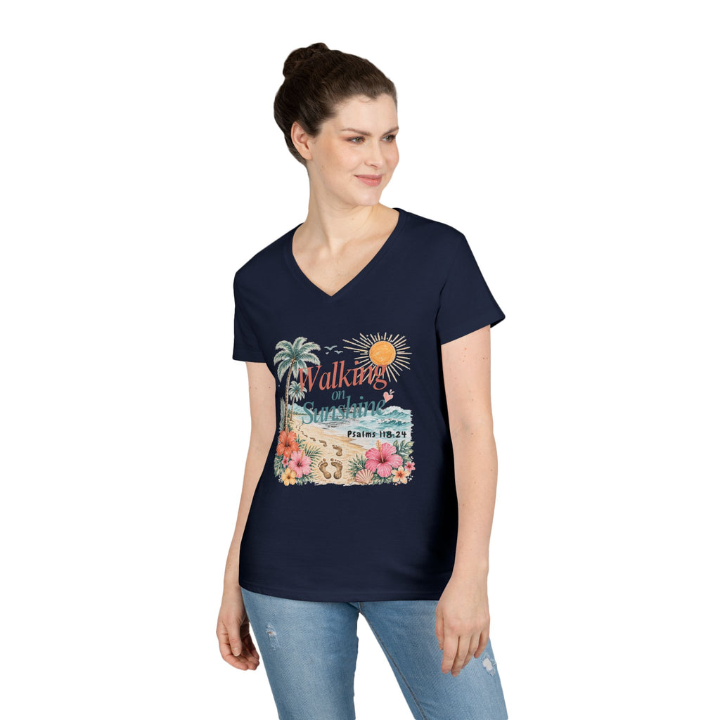 Walking on Sunshine V-Neck T-Shirt — Floral Beach Christian Psalm Tee