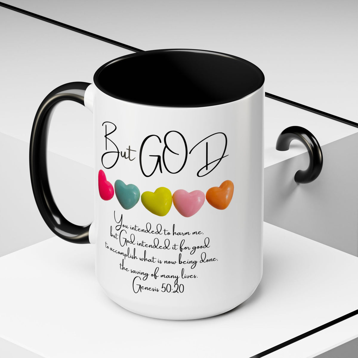 But God Scripture Coffee Mug — Genesis 50:20 Inspirational Heart Accent Mug (11/15oz)