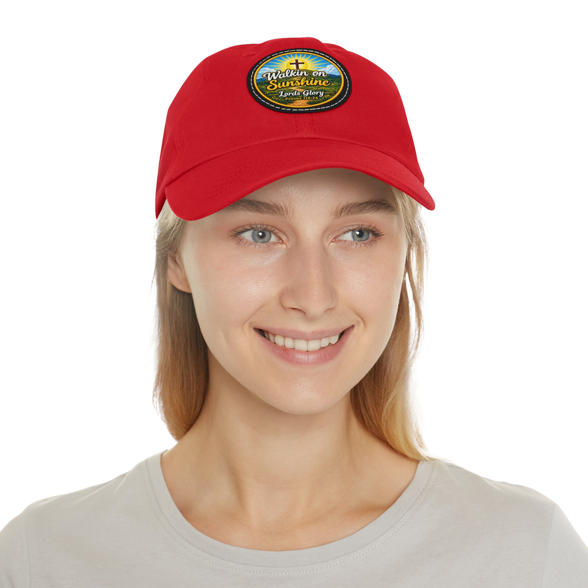 Walkin on Sunshine Leather Patch Mom and Dad Hat — Faith-Inspired Baseball Cap Many Patch Colors