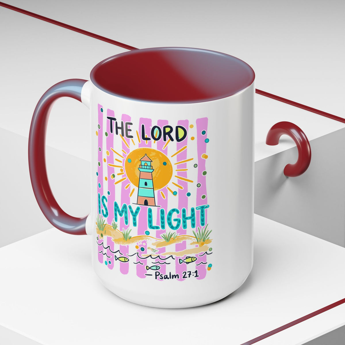 Christian Coffee Mug - "The Lord Is My Light" Lighthouse Psalm 27:1 Accent Mug