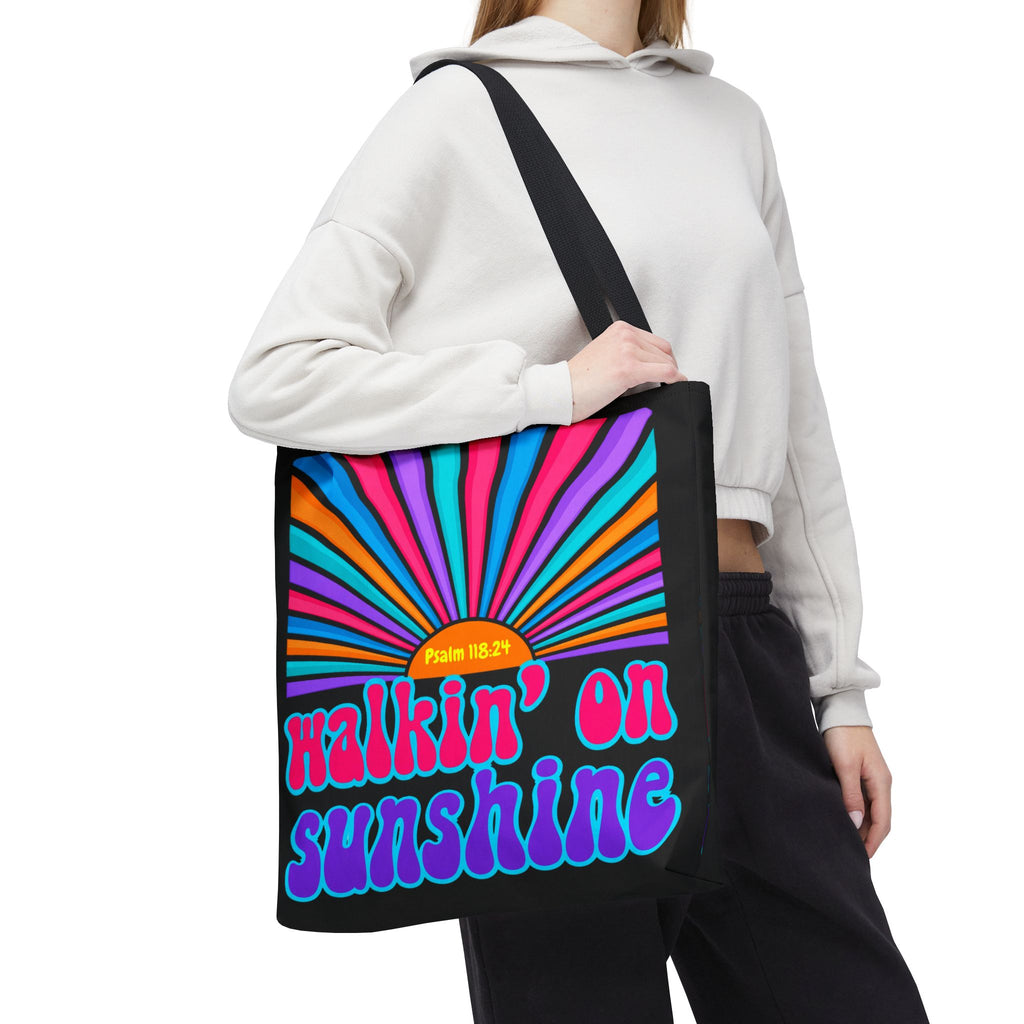 Lords Glory Sunrise Graphic Tote Bag — “Walkin' on Sunshine” Retro Psalm 118:24 Cotton AOP