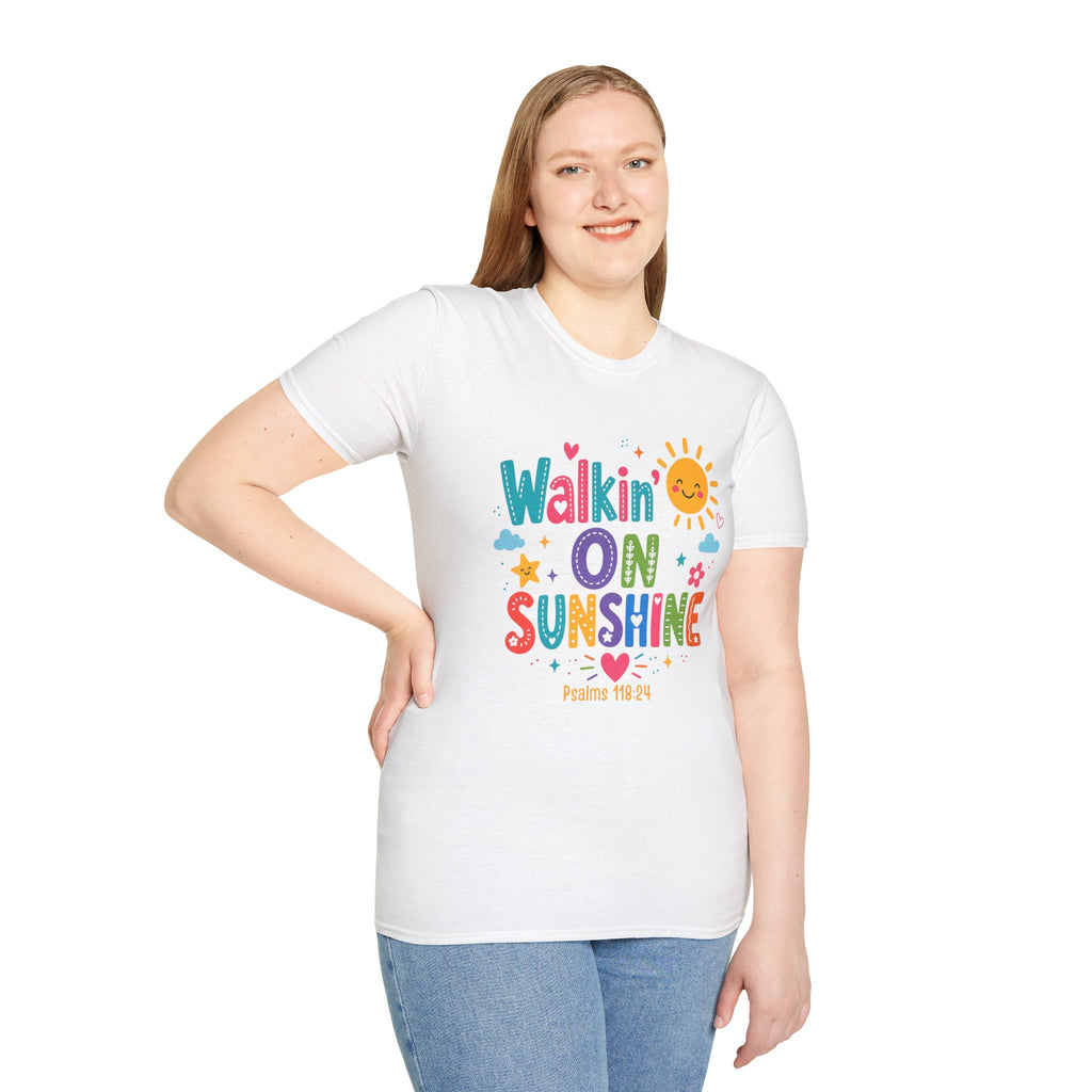 T-Shirt — "Walkin' on Sunshine" Bright Retro Sun Graphic Tee ‭‭Psalms‬ ‭118‬:‭24‬ ‭