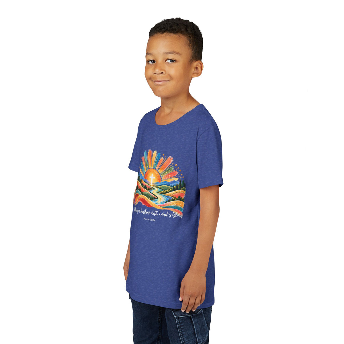 Youth Short Sleeve Tee – Walking On Sunshine with Lords Colorful Christian Sunrise Faith Shirt