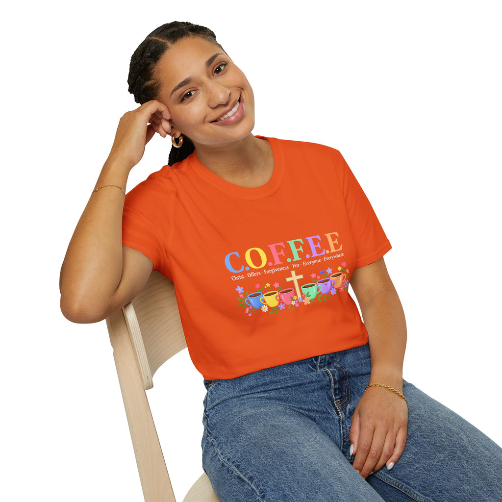 Coffee Lover Floral Graphic - C.o.f.f.e.e. (Christ - Offers - Forgiveness - For Everyone - Everywhere)  Softstyle T-Shirt