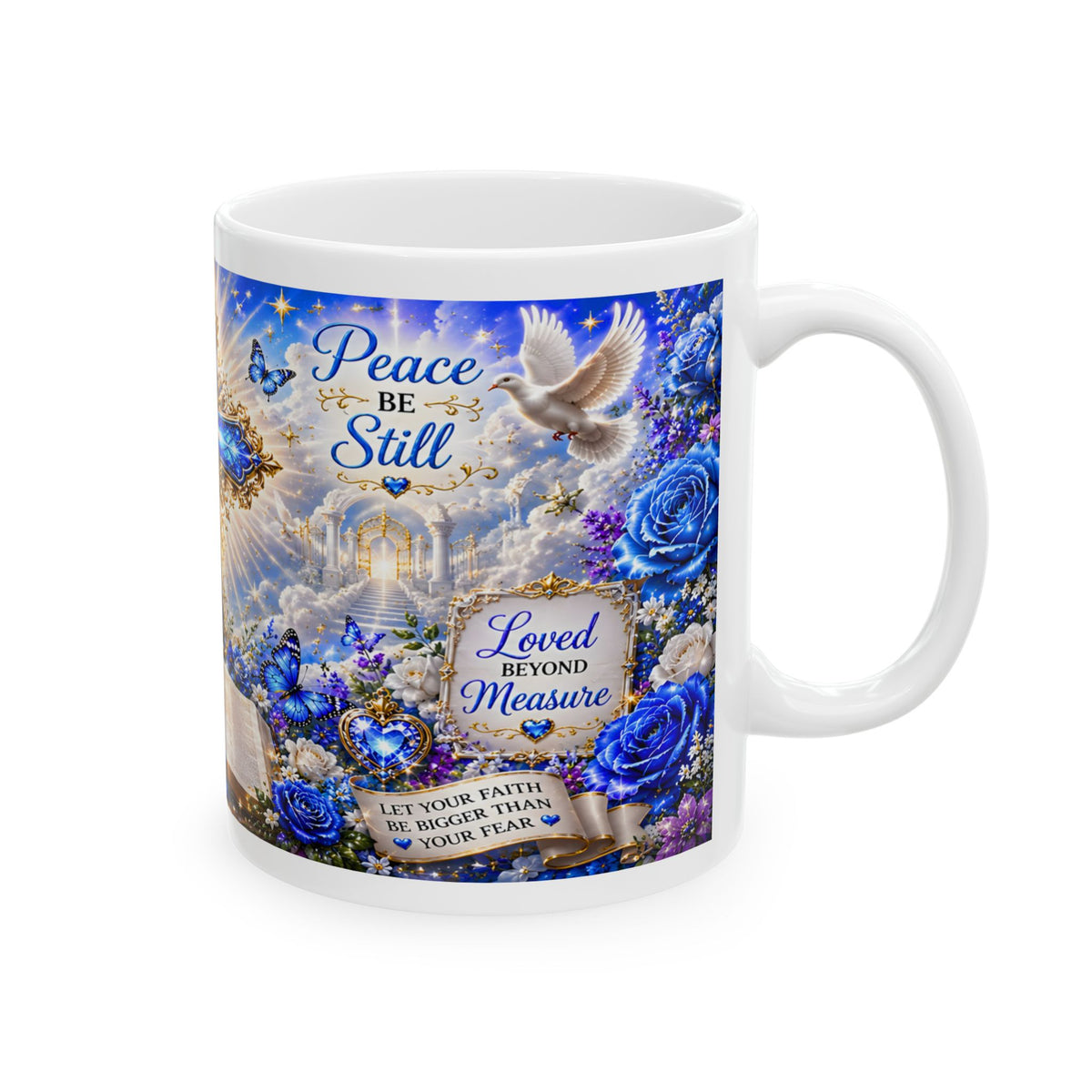 Blue Christian Cross Ceramic Mug with Bible and Floral Design
