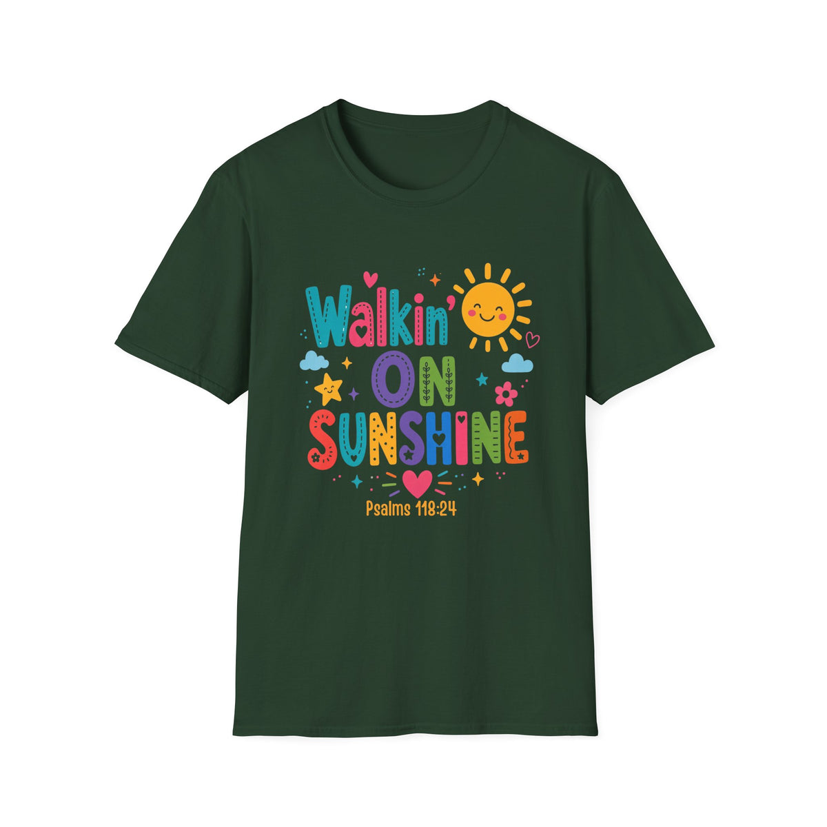 T-Shirt — "Walkin' on Sunshine" Bright Retro Sun Graphic Tee ‭‭Psalms‬ ‭118‬:‭24‬ ‭