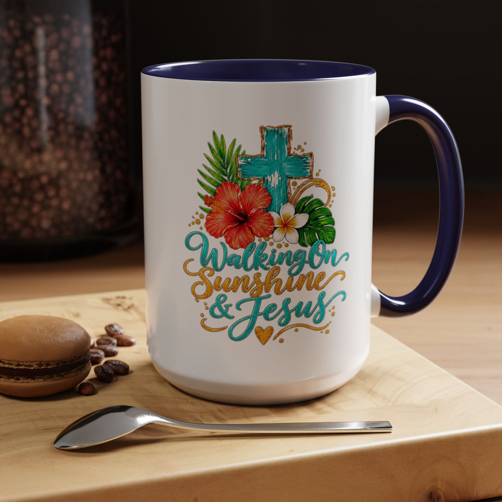 Walking on Sunshine & Jesus Coffee Mug – Floral Cross Accent Mug
