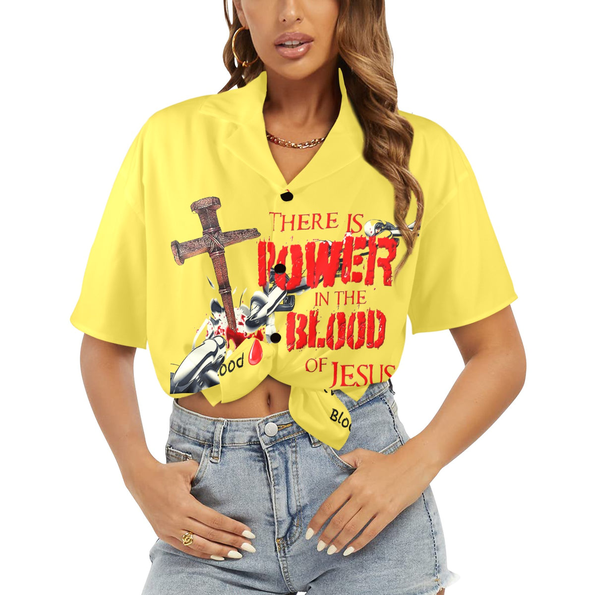 There is Power in the Blood of Jesus Women's All Over Print Hawaiian Shirt （Made in USA Ships to USA Only）