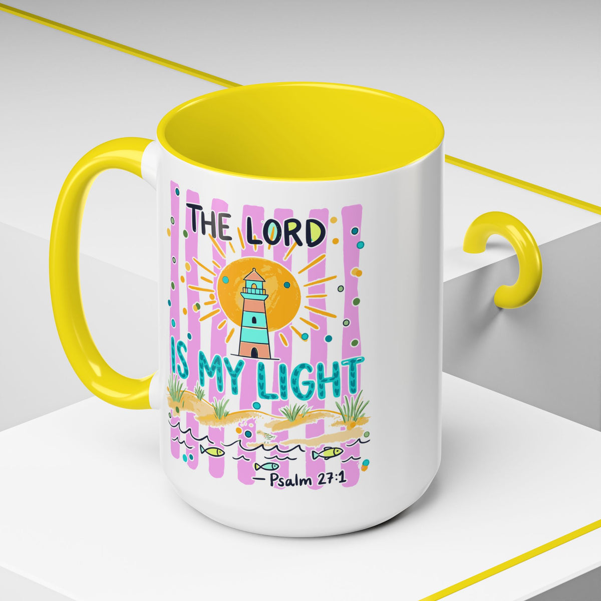 Christian Coffee Mug - "The Lord Is My Light" Lighthouse Psalm 27:1 Accent Mug