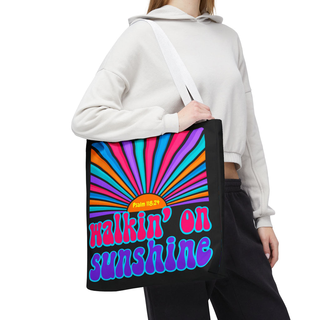 Lords Glory Sunrise Graphic Tote Bag — “Walkin' on Sunshine” Retro Psalm 118:24 Cotton AOP
