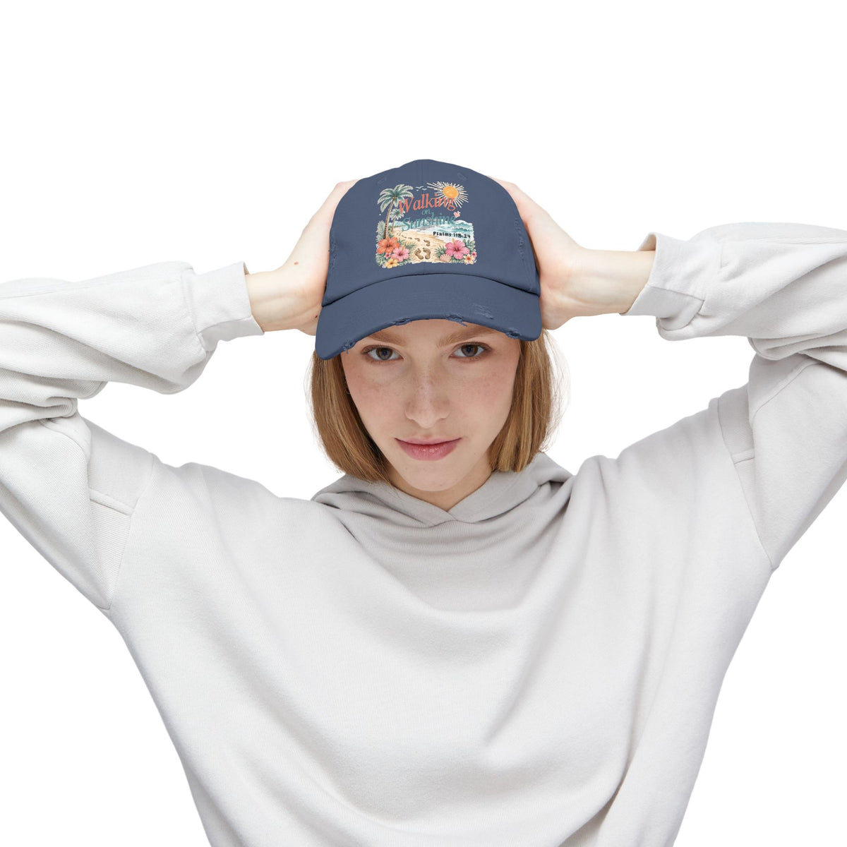 Distressed Cap — "Walk on Sunshine" Tropical Beach Baseball Hat Psalms 118:24