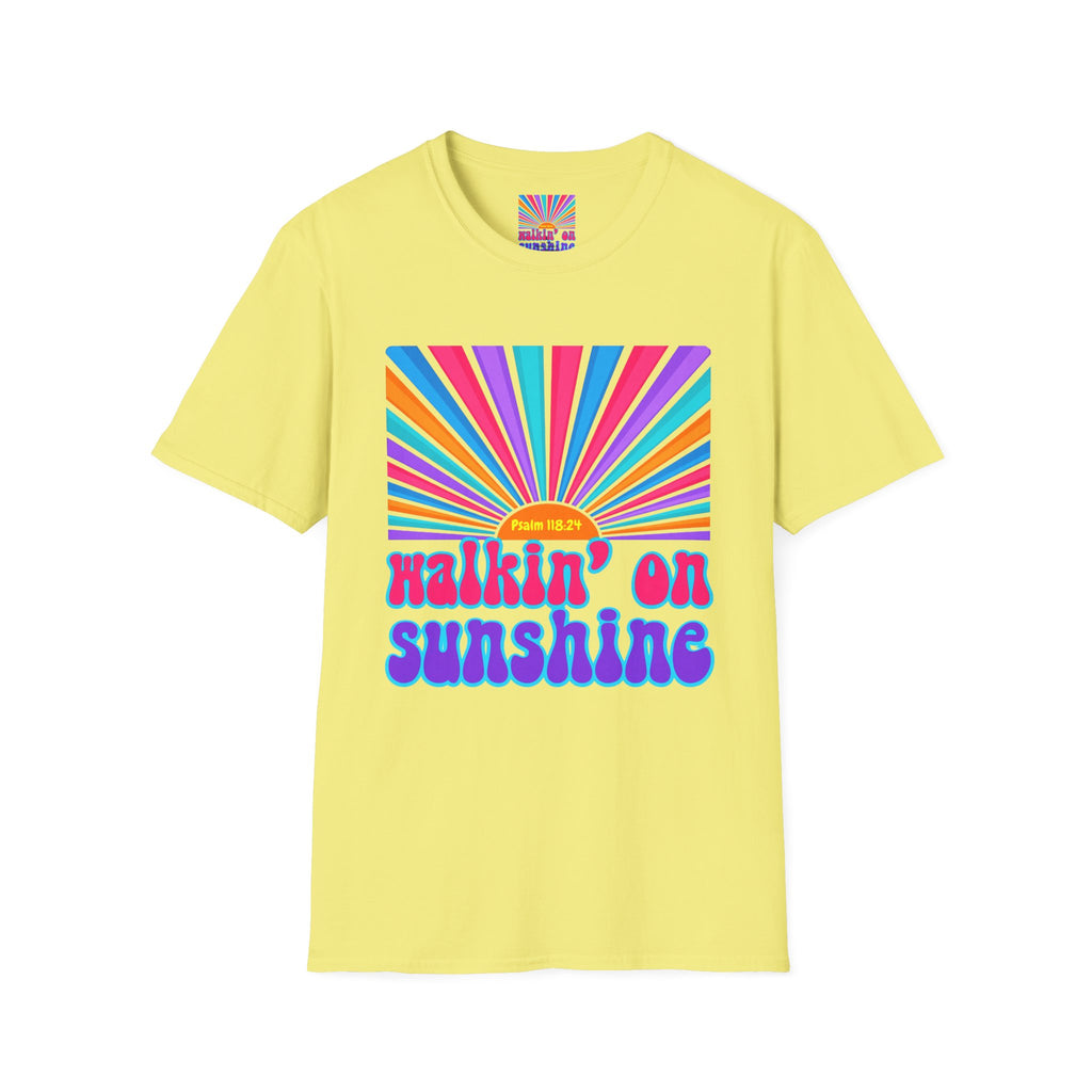Walkin' On Sunshine Lords Glory with Lori Psalm 118:24 Retro T-Shirt — 70s Rainbow Sun Graphic Tee